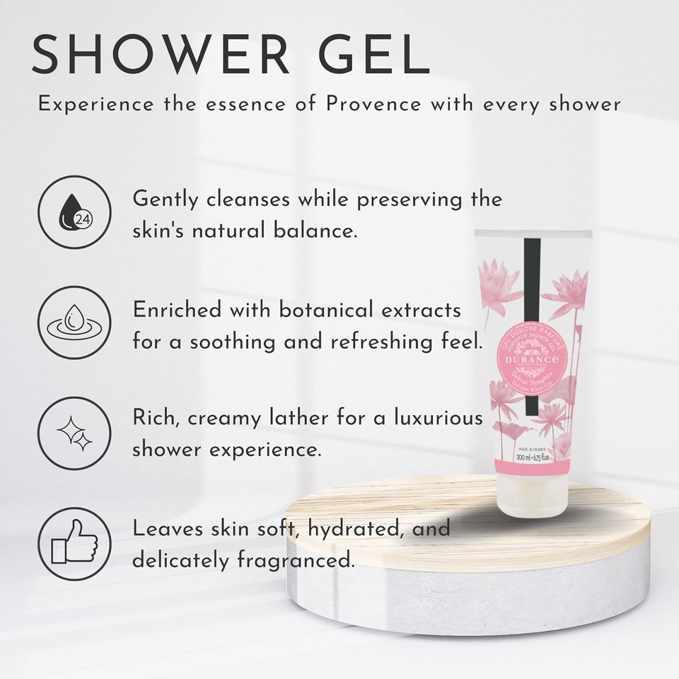 Durance Les Eternelles Natural Shower Gel For Women (200ml) Delicate Water Lily Fragrance - Women's Body Wash | Nourishes, Gently Cleanses, Hydrates & Softens Skin