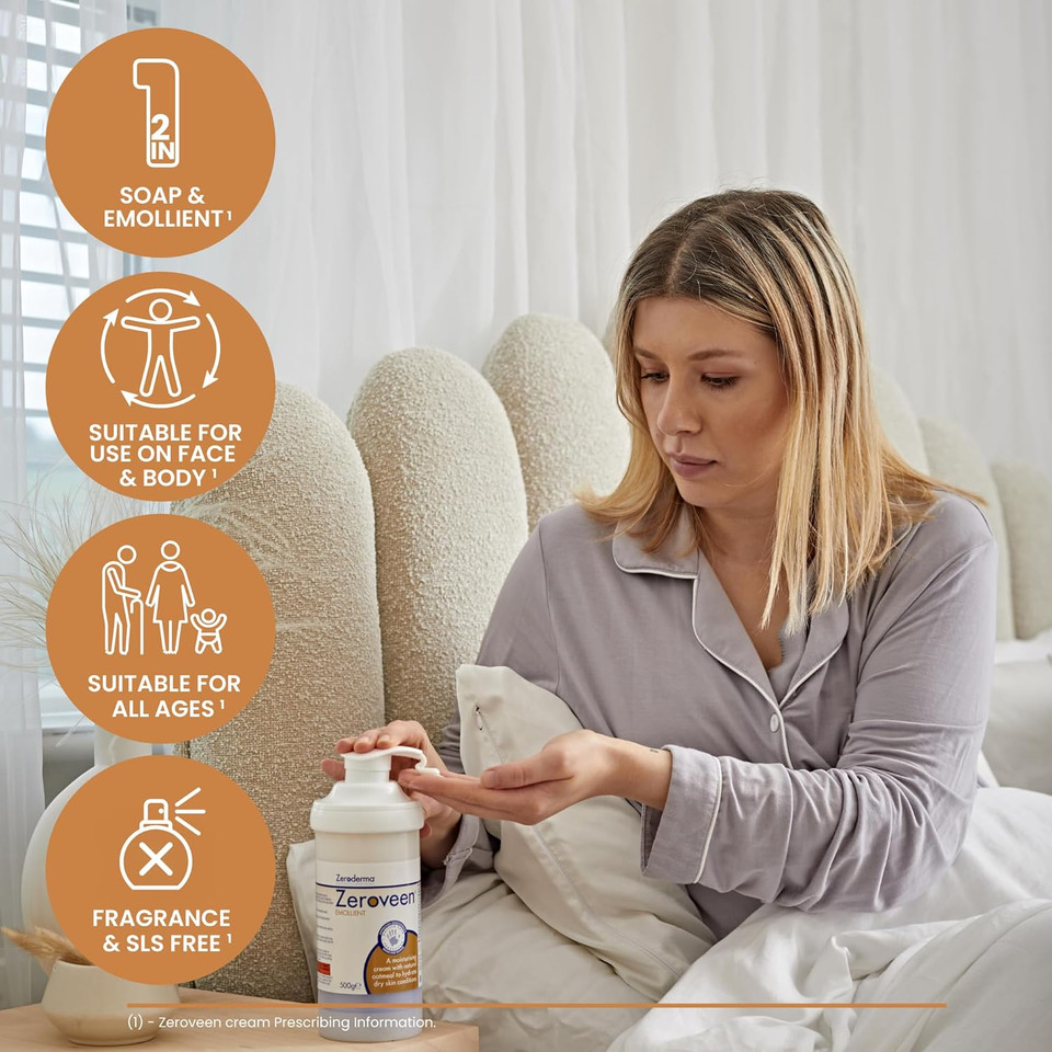 Zeroderma Zeroveen Emollient Cream, 2-in-1 Moisturiser & Soap Substitute, with Natural Oatmeal, Hydration for Dry Skin such as Eczema & other Dry Skin Conditions. 500g