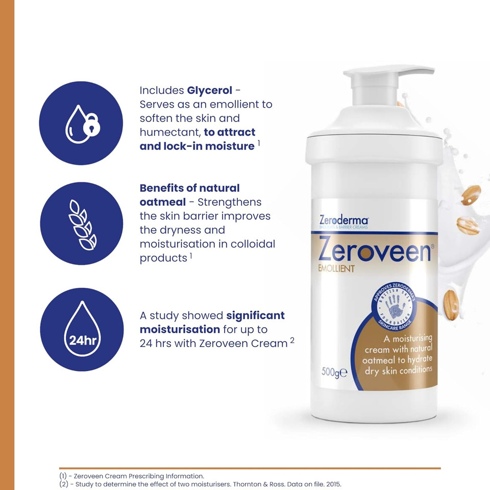 Zeroderma Zeroveen Emollient Cream, 2-in-1 Moisturiser & Soap Substitute, with Natural Oatmeal, Hydration for Dry Skin such as Eczema & other Dry Skin Conditions. 500g