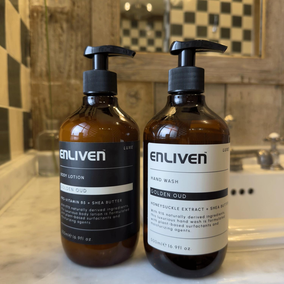 Enliven Luxe Golden Oud Handwash, Shower Gel & Body Lotion Bundle - 500mlx3 Toiletries Set - Luxury Hand Wash, Body Moisturiser & Shower Gel - Bath & Shower Bundle