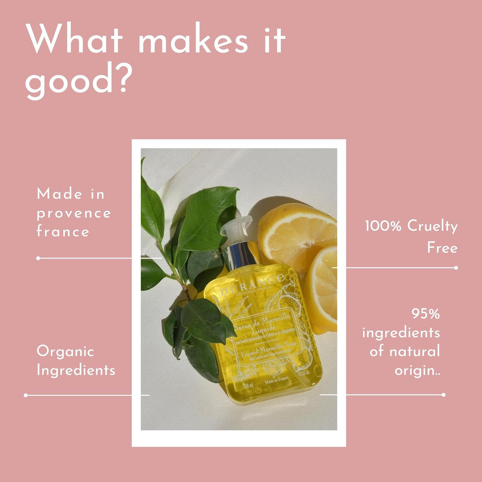 Durance Liquid Marseille Soap With Lemon & Ginger Essential Oils 300ml - Paraben Free Hand Wash - Vegan Friendly - Gently Cleanses & Nourishes