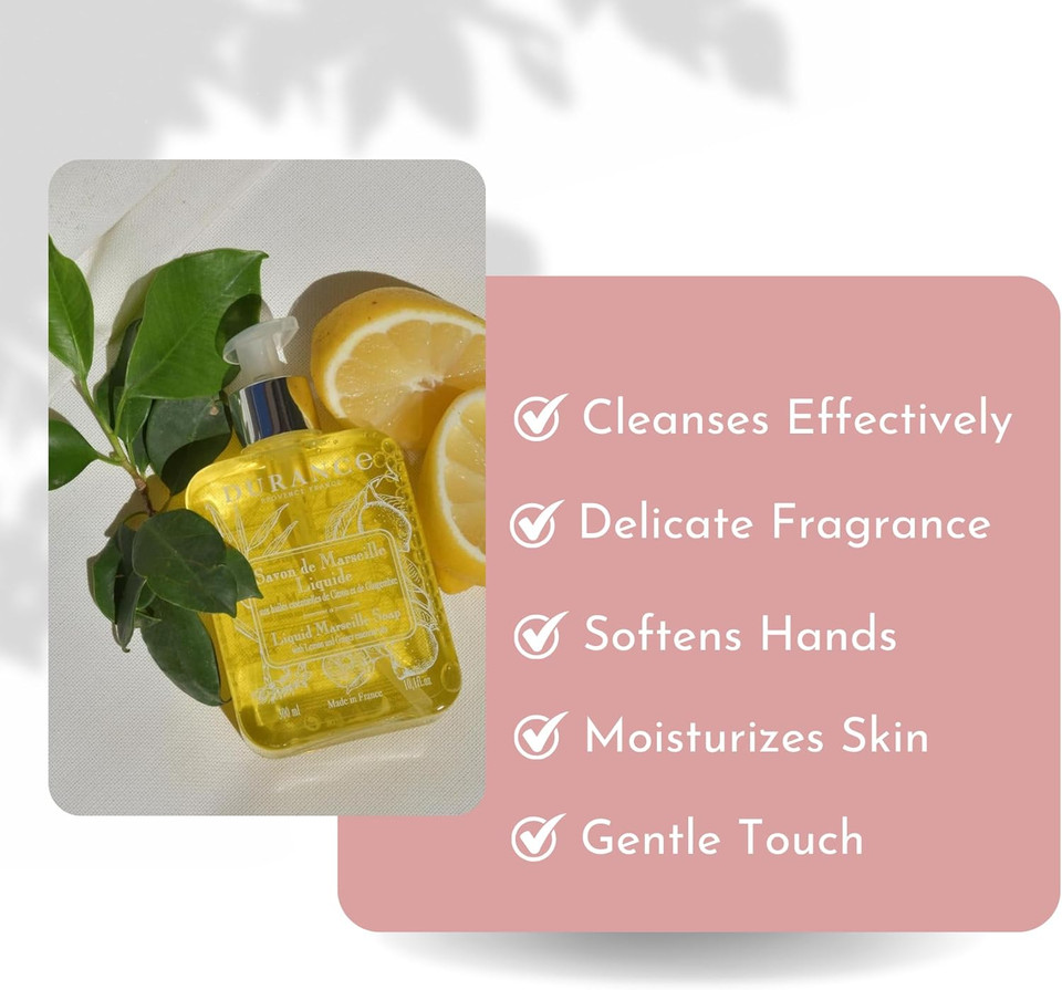 Durance Liquid Marseille Soap With Lavender Essential Oil 300ml - Paraben Free Hand Wash - Vegan Friendly - Gently Cleanses & Nourishes
