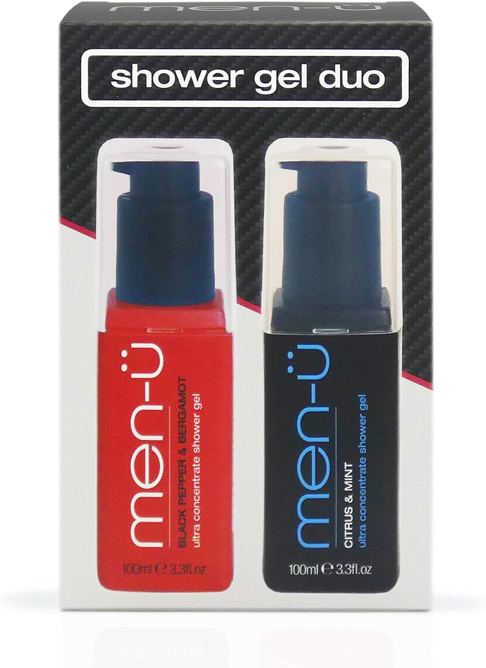 men-ü SHOWER GEL DUO, gifts for men  Ultra concentrate body wash men gift sets. 1x Black Pepper & Bergamot 100ml and 1x Citrus & Mint shower gel 100ml. Mens toiletries set with Vegan Shower gel