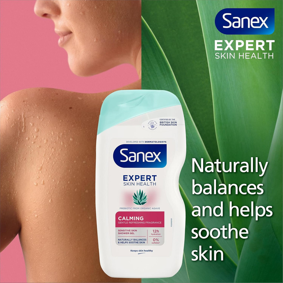 Sanex Expert Skin Health Agave Calming Shower Gel 6x450ml, Shower Gel for Sensitive Skin, Natural Prebiotic from Organic Agave, Moisturises and Soothes, 12hr Hydration, Supports Natural Skin Balance