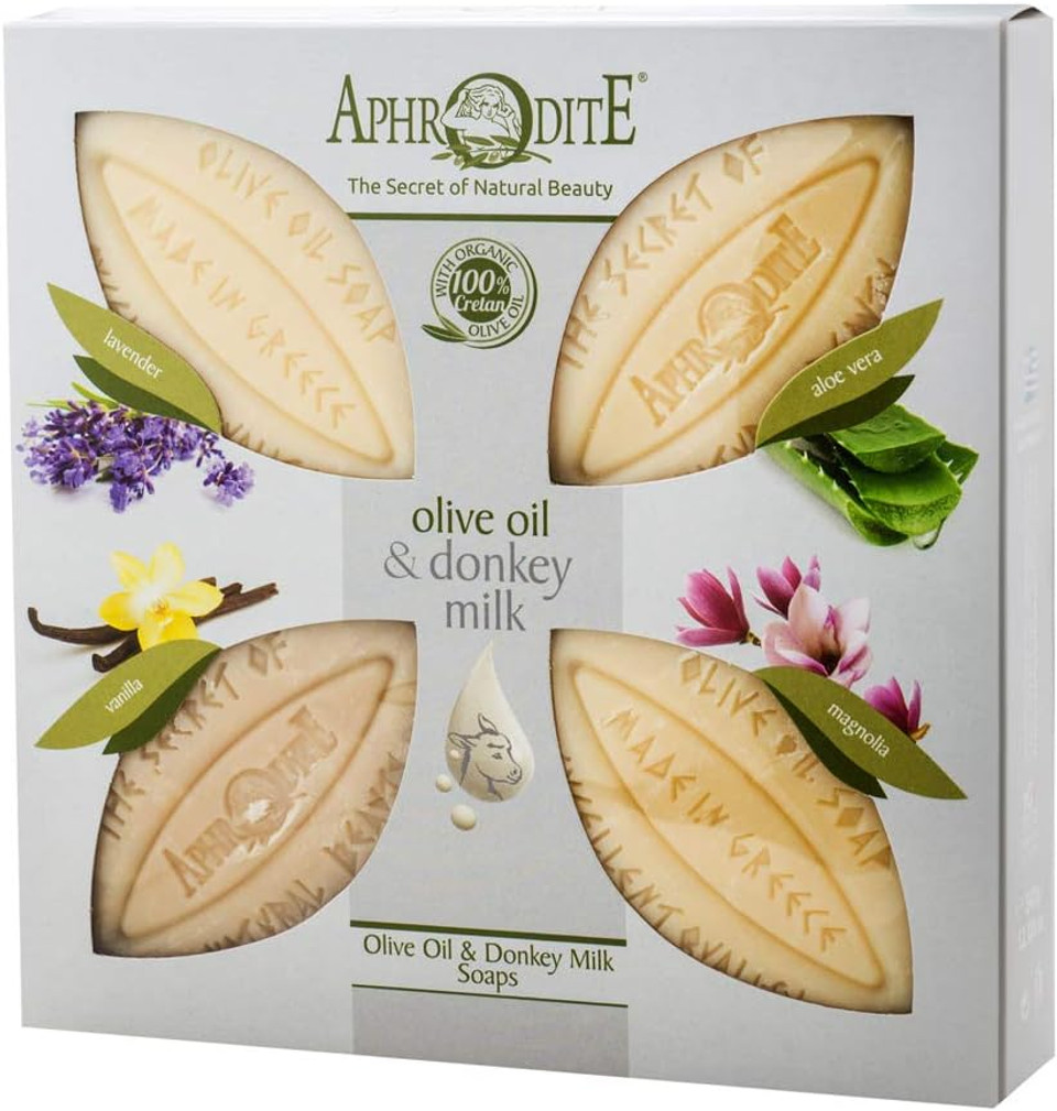 Aphrodite Set of 4 olive oil and donkey milk soap bars. Natural soap with donkey milk and unique scents for well-groomed skin - Olive Oil Soap Bar With Donkey Milk - Hand Soap - (4x85gr)