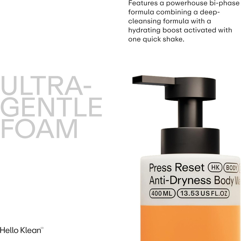 Hello Klean Press Reset Anti-Dryness Body Wash - Bi-Phase Cleanser Deeply Cleans & Removes Hard Water Residue - Instant Relief for Dry Skin with an Intense Boost of Hydration - Dermatologist Tested