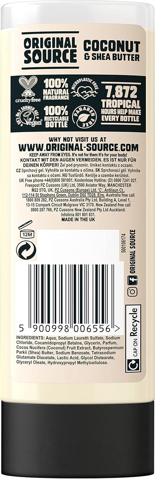 Original Source Vanilla Milk and Raspberry Shower Gel, 100 Percent Natural Fragrance, Vegan, Cruelty Free, Paraben Free, Bulk Buy, Pack of 6 x 500 ml