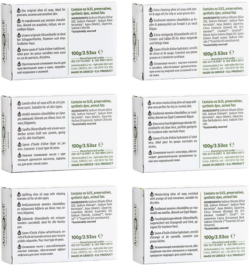 Aphrodite Olive Oil Soap Set. 6 Piece All Natural Soap. Antioxidant Infused Soap to Help Prevent Premature Ageing. Perfect for Sensitive Skin