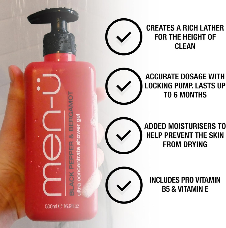 men-ü mens shower gel BLACK PEPPER & BERGAMOT 500ml tank LASTS UP TO 6 MONTHS. shower gel men w/ ultra-concentrate formula, longer lasting & high performance. Vegan & eco-friendly mens body wash 500ml