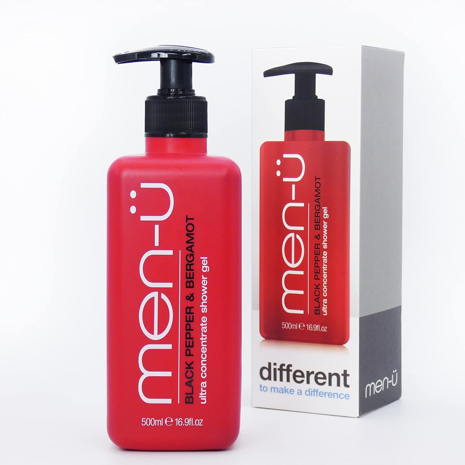 men-ü mens shower gel BLACK PEPPER & BERGAMOT 500ml tank LASTS UP TO 6 MONTHS. shower gel men w/ ultra-concentrate formula, longer lasting & high performance. Vegan & eco-friendly mens body wash 500ml