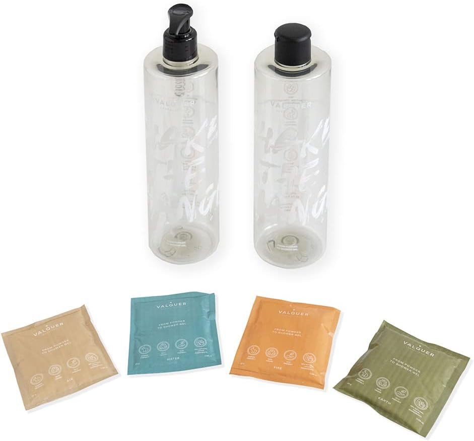 Valquer Laboratories - Shake Sustainable shower gel. Refill body gel. One bottle = Infinity of gels. 25 gr - 400 ml - 2 bottles + 4 sachets of 25 gr