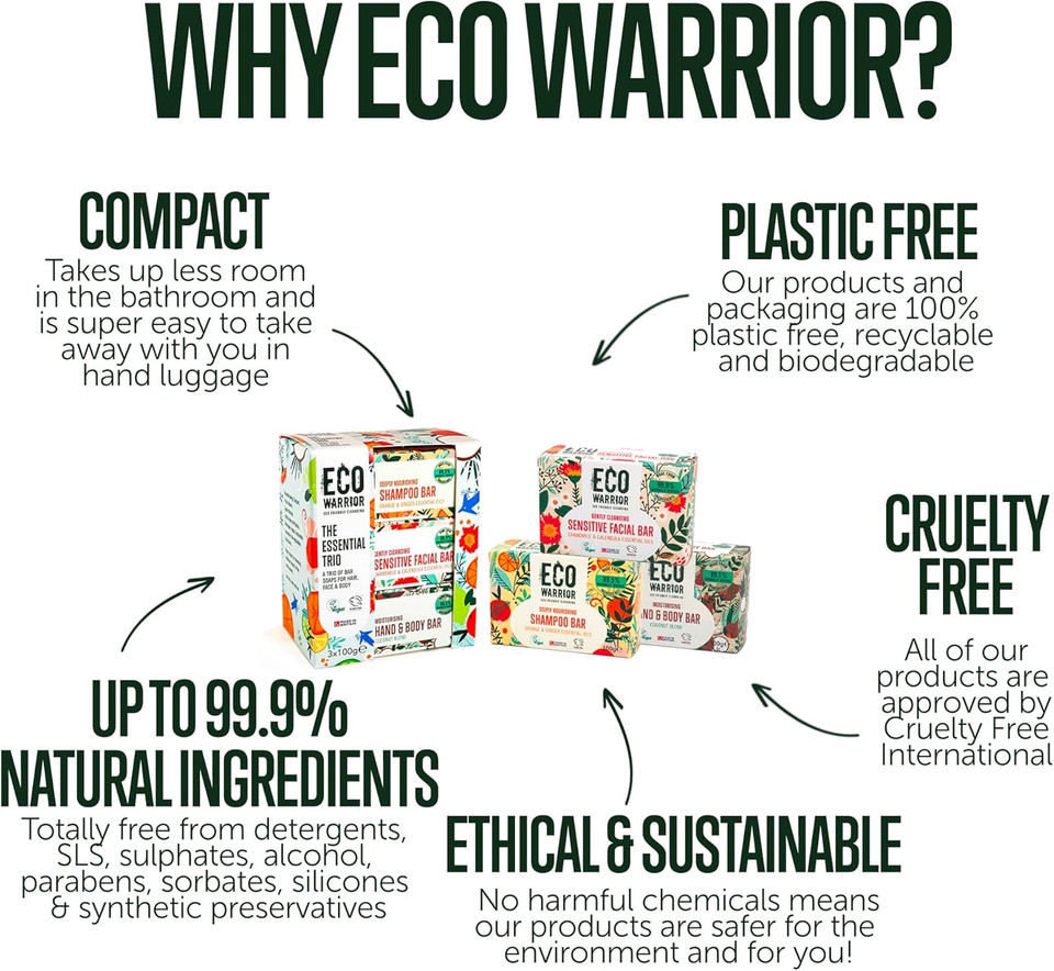 Eco Warrior The Sensitive Trio Soap Bars (3 x 100g)| Shampoo, Facial and Body Soap Bars | Natural, Vegan, Eco Friendly, Cruelty Free, No SLS or Parabens | Gentle for sensitive skin | Gift for her