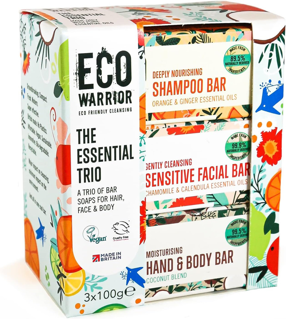 Eco Warrior The Sensitive Trio Soap Bars (3 x 100g)| Shampoo, Facial and Body Soap Bars | Natural, Vegan, Eco Friendly, Cruelty Free, No SLS or Parabens | Gentle for sensitive skin | Gift for her