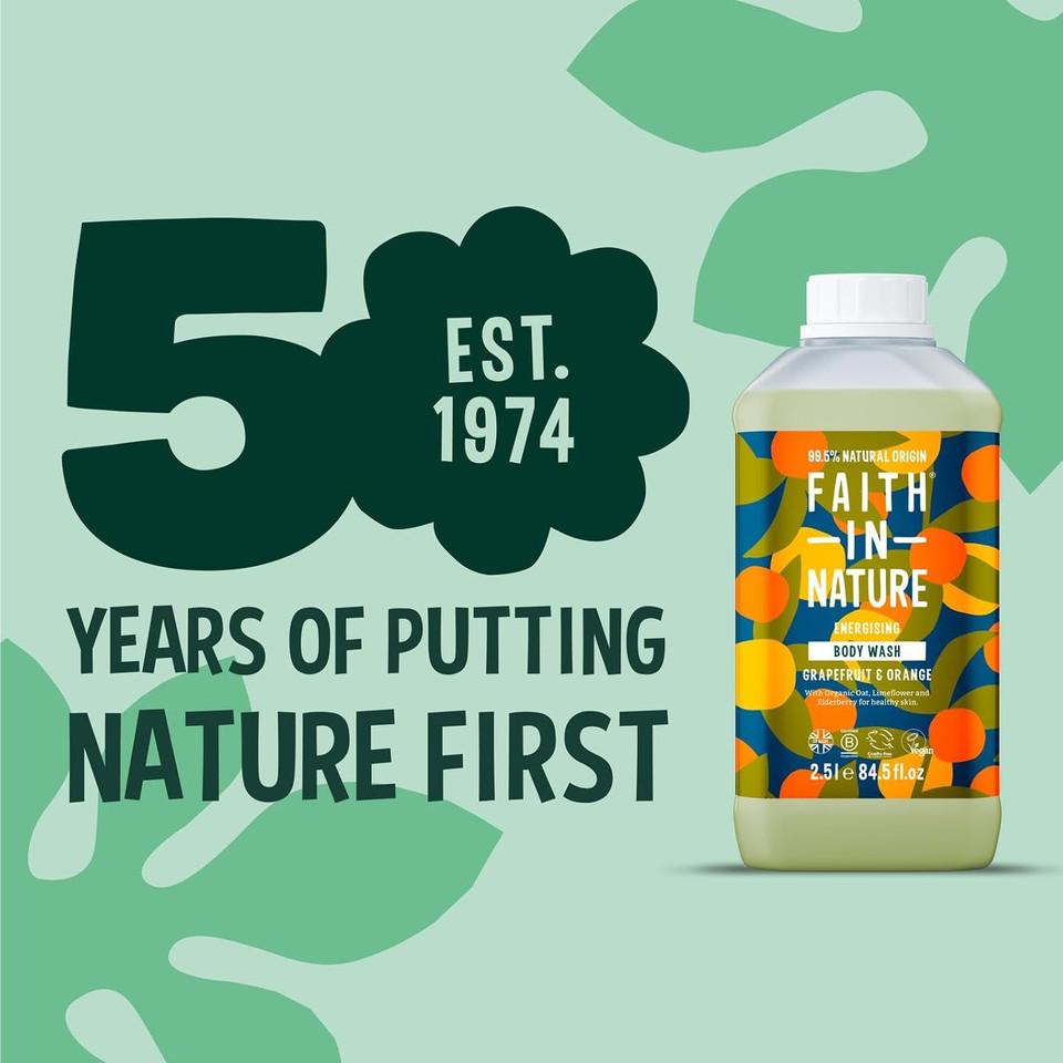 Faith In Nature Natural Grapefruit & Orange Body Wash, Energising Shower Gel, Vegan & Cruelty Free, No SLS or Parabens, 2.5L Refill