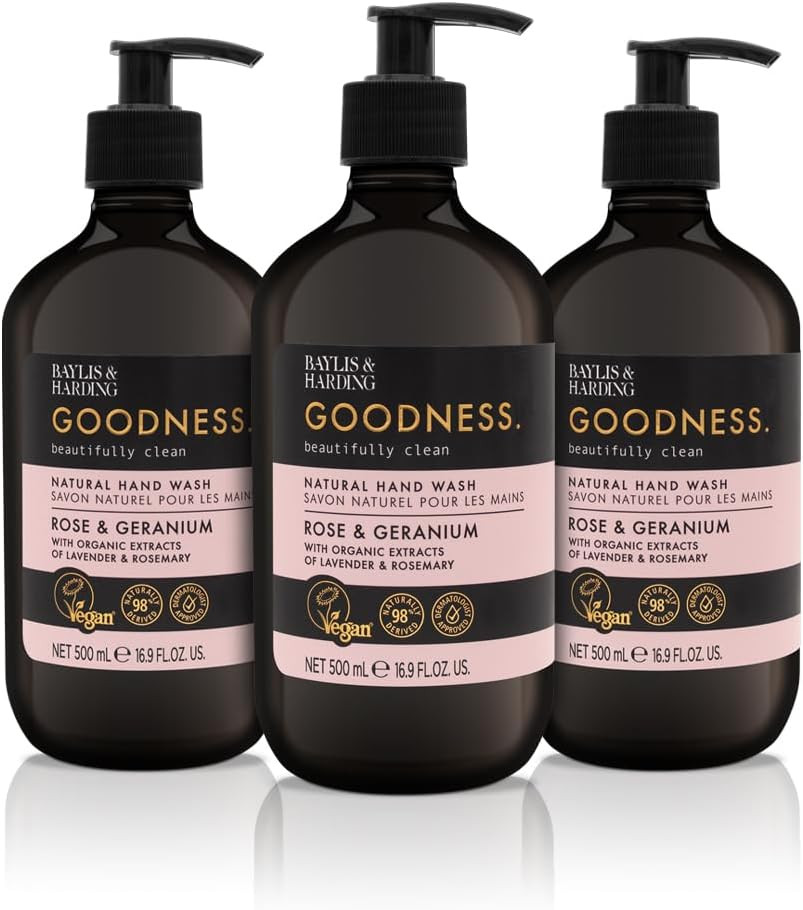 Baylis & Harding Goodness Rose & Geranium Toiletries Bundle: 3 x 500 ml Hand Wash & 3 x 500 ml Body Wash (6 bottles) - Vegan Friendly