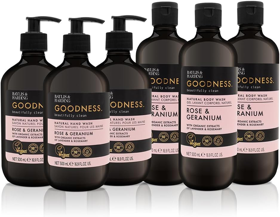 Baylis & Harding Goodness Rose & Geranium Toiletries Bundle: 3 x 500 ml Hand Wash & 3 x 500 ml Body Wash (6 bottles) - Vegan Friendly