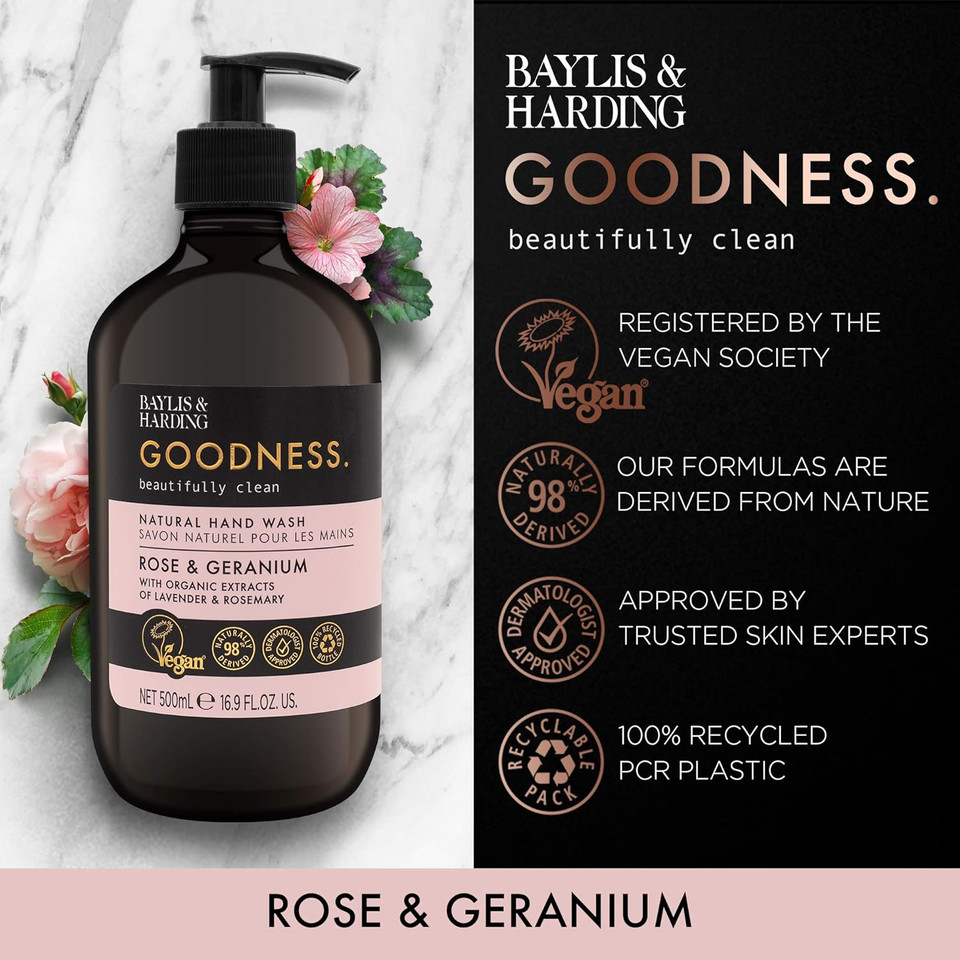 Baylis & Harding Goodness Rose & Geranium Toiletries Bundle: 3 x 500 ml Hand Wash & 3 x 500 ml Body Wash (6 bottles) - Vegan Friendly