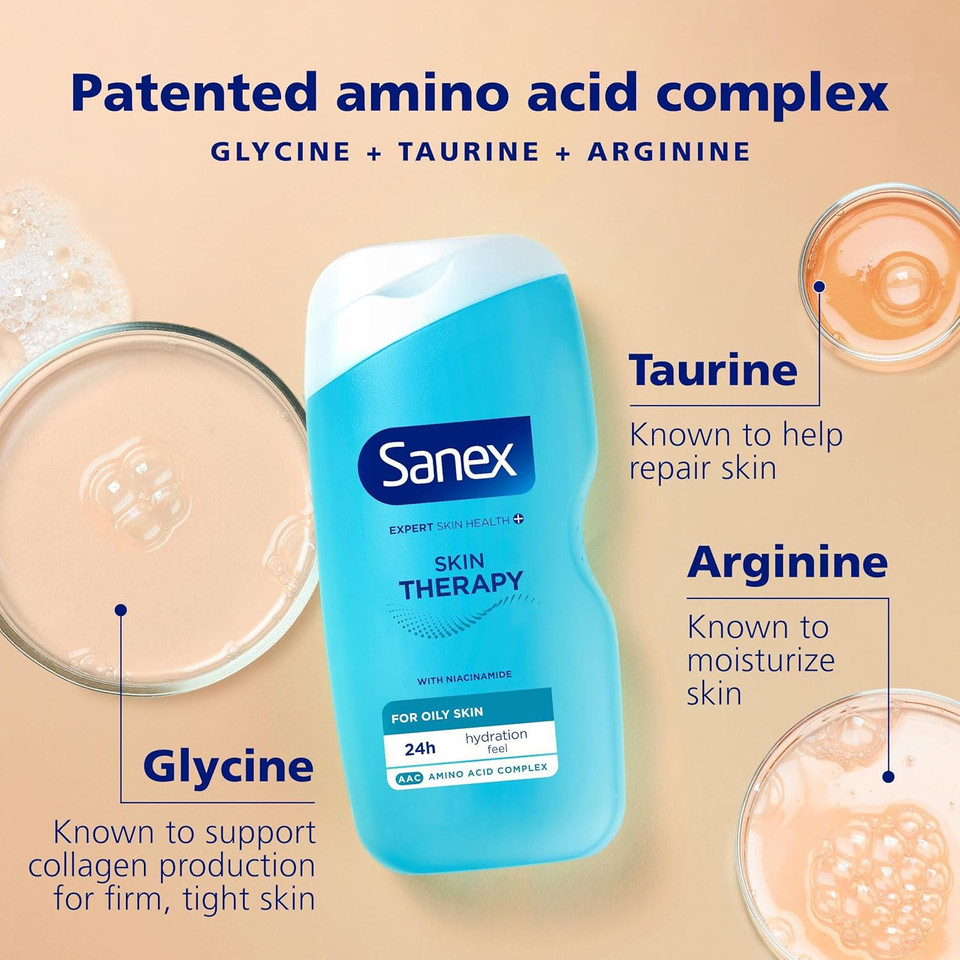 Sanex Skin Therapy Shower Gel 450ml | acne body wash that helps reduce sebum | for combination, oily and acne-prone skin | amino acid complex with niacinamide | supports skins barrier