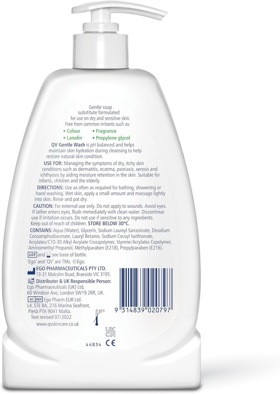 QV Gentle Wash 500g, Soap-Free, Moisturising, Low Irritant, PH Balanced, Body Wash for Eczema and Dry Skin Conditions & Qv Intensive Ointment 450G