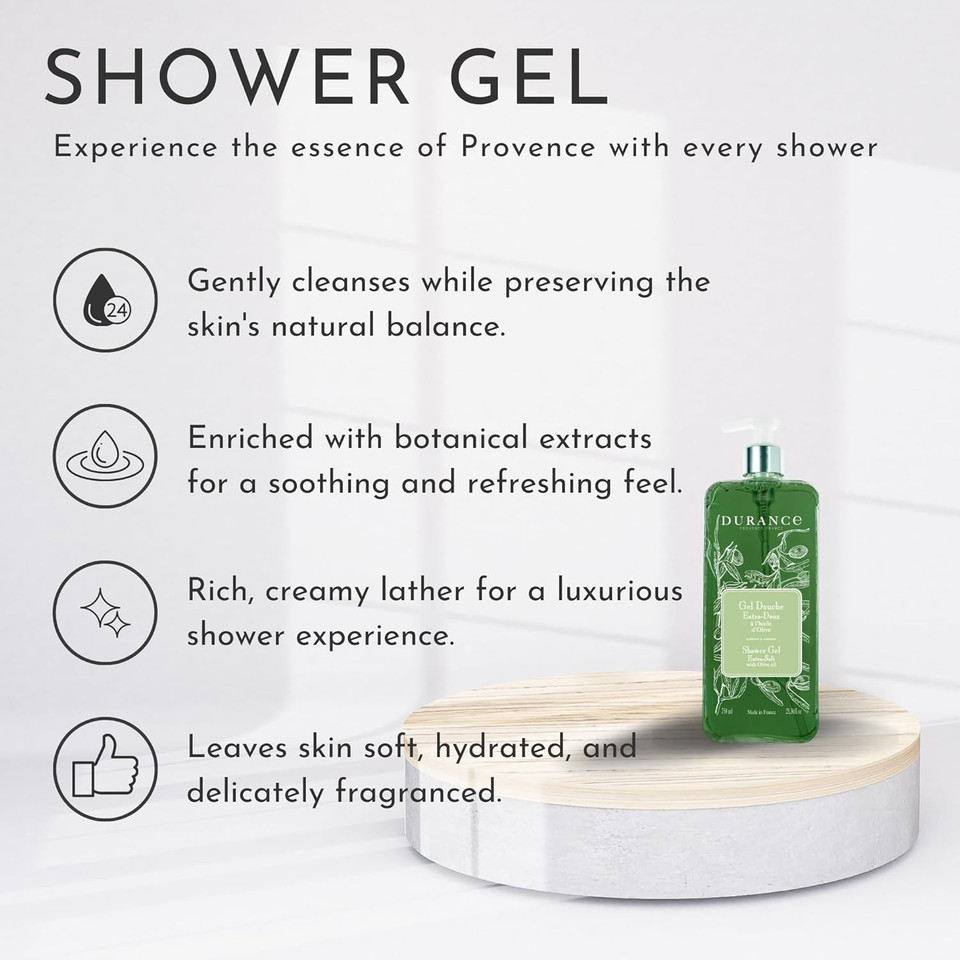 Durance Olive Oil Marseille Shower Gel 750ml - Body Wash With Almond & Olive Oils - Gently Cleanses, Hydrates & Softens Skin - Vegan Friendly