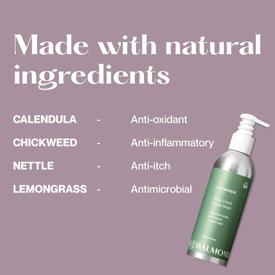 Balmonds Natural Body, Hand & Hair Wash 200 ml - Gentle Natural Wash for Sensitive Skin or Itchy Scalps - Free from Sulphates and Silicones