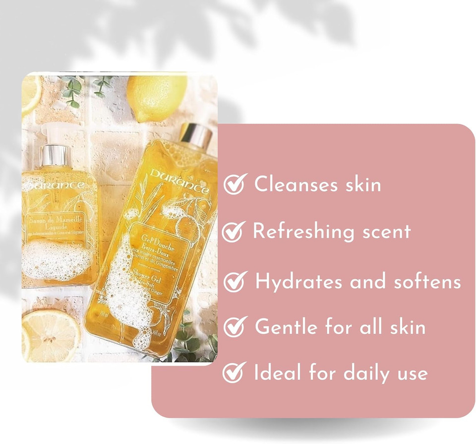 Durance Lemon & Ginger Marseille Shower Gel 750ml - Body Wash With Almond & Olive Oils - Gently Cleanses, Hydrates & Softens Skin - Vegan Friendly