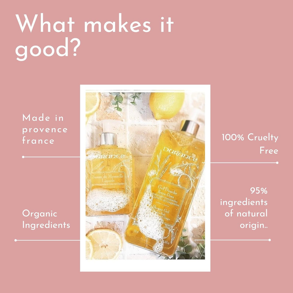 Durance Lemon & Ginger Marseille Shower Gel 750ml - Body Wash With Almond & Olive Oils - Gently Cleanses, Hydrates & Softens Skin - Vegan Friendly