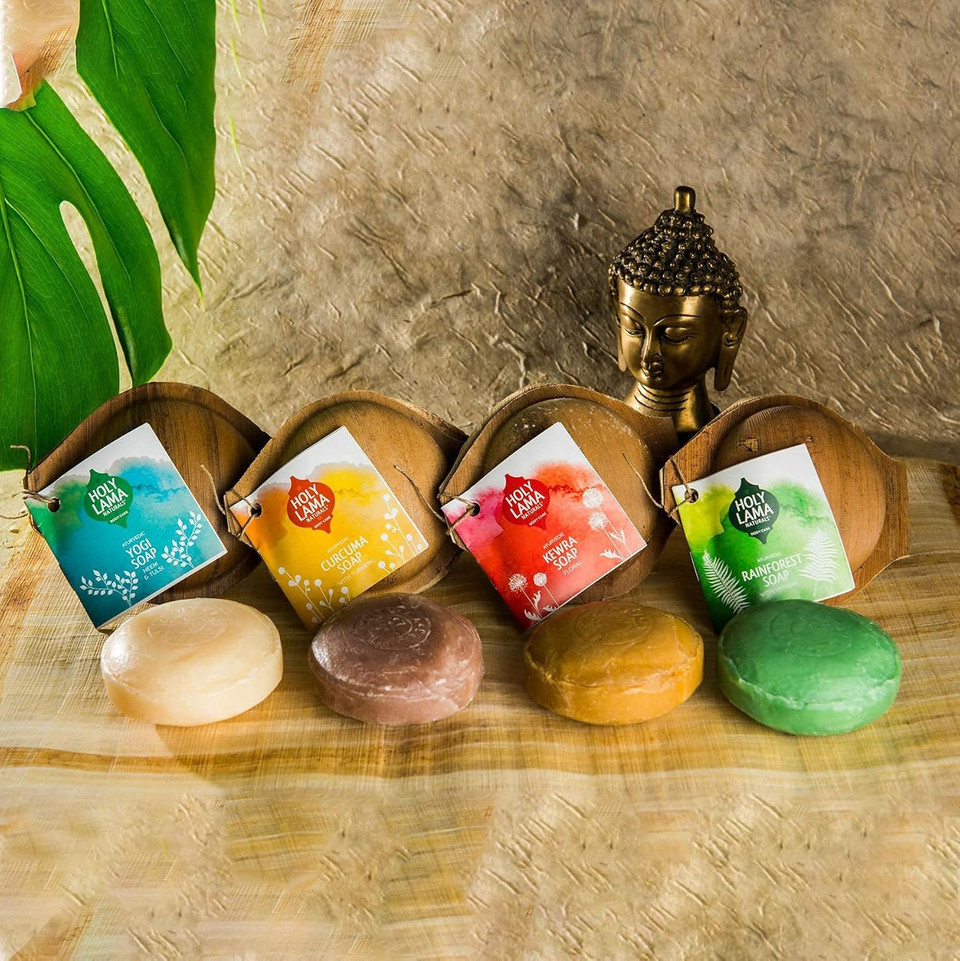 Holy Lama Naturals Ayurvedic Vegan Herbal Soap, Luxurious & Nourishing Gift Pack for Hand & Body 4 x 100gr