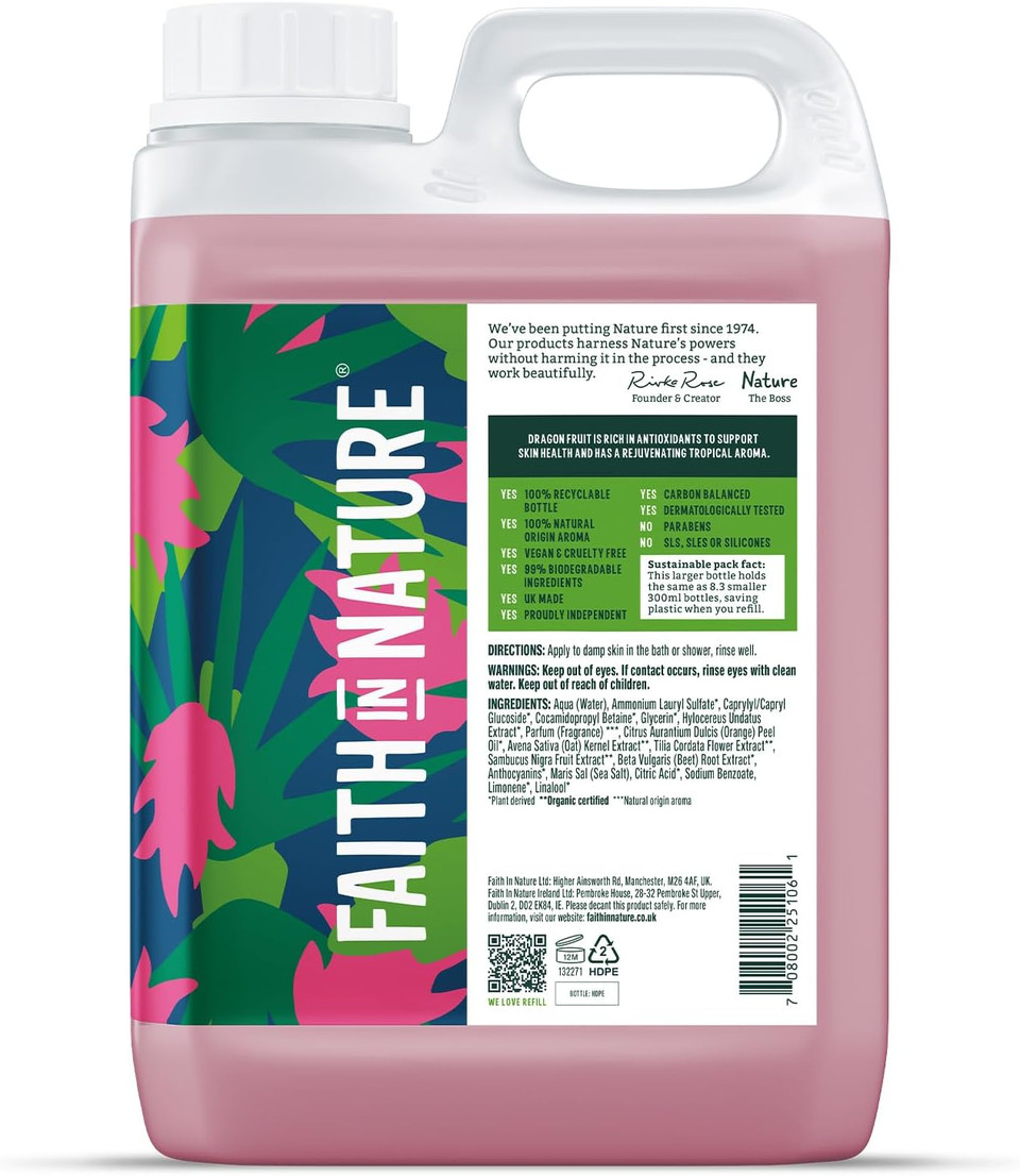 Faith In Nature Natural Dragon Fruit Body Wash, Rejuvenating Shower Gel, Vegan & Cruelty Free, No SLS or Parabens, 2.5L Refill