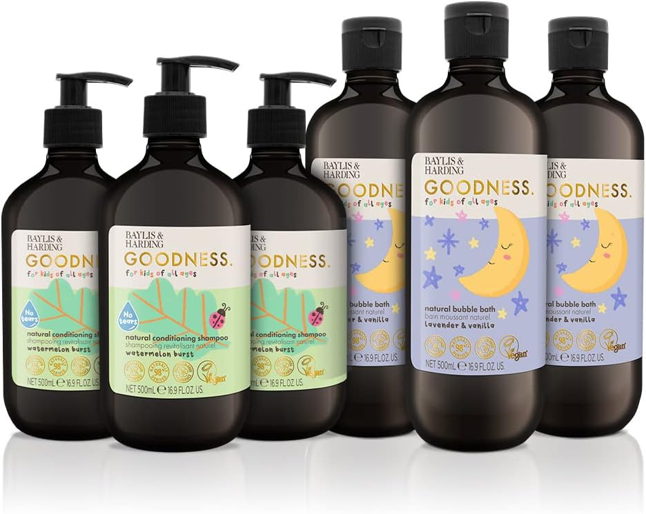 Baylis & Harding Goodness Kids Toiletries Bundle: 3 x 500 ml Shampoo & 3 x 500 ml Bubble Bath (6 bottles) - Vegan Friendly