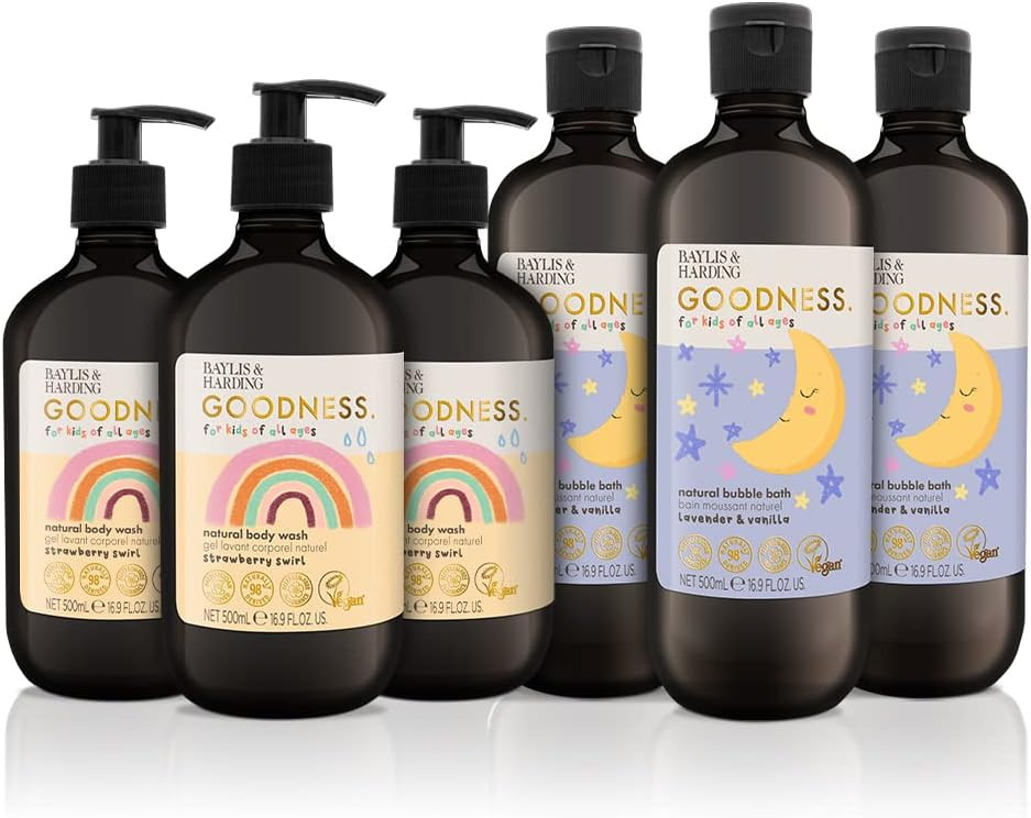 Baylis & Harding Goodness Kids Toiletries Bundle: 3 x 500 ml Body Wash & 3 x 500 ml Bubble Bath (6 bottles) - Vegan Friendly