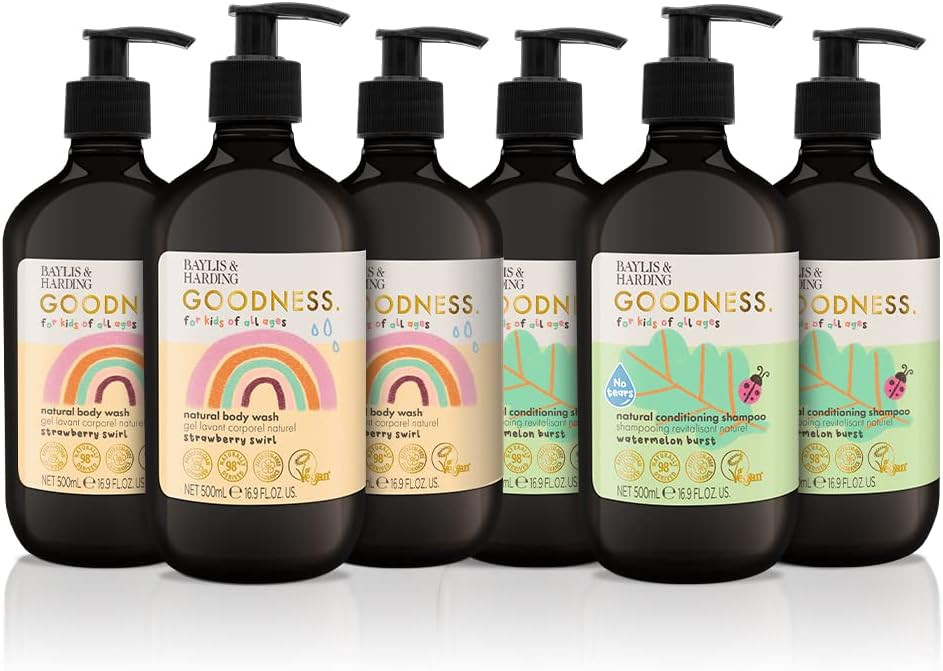 Baylis & Harding Goodness Kids Toiletries Bundle: 3 x 500 ml Shampoo & 3 x 500 ml Body Wash (6 bottles) - Vegan Friendly