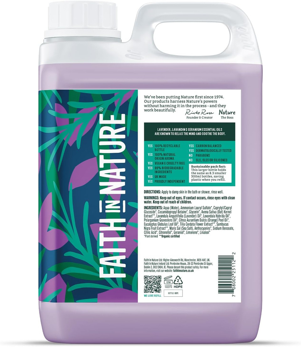 Faith In Nature Natural Lavender & Geranium Body Wash, Relaxing Shower Gel, Vegan & Cruelty Free, No SLS or Parabens, 2.5L Refill