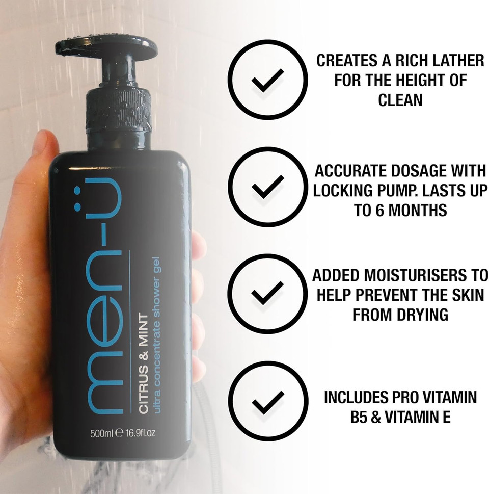 men-ü mens shower gel CITRUS & MINT 500ml tank LASTS UP TO 6 MONTHS. Shower gel men w/ ultra-concentrated formula, longer lasting & high performance. Vegan & eco-friendly mens body wash 500ml