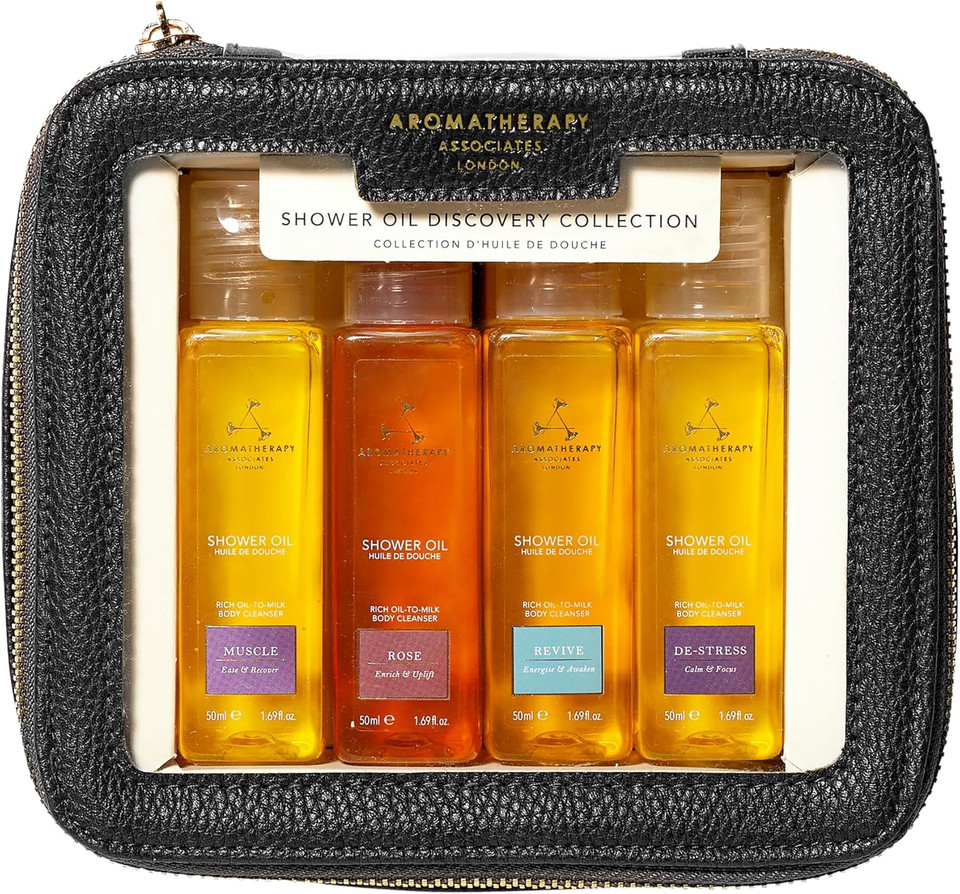 Aromatherapy Associates Shower Oil Collection - Essential Oil for Cleansing - Made of Natural Oil Blends - Aromatic Oils to Awaken Your Senses - Luxurious Oil-to-Milk Formula, 4 x 50ml