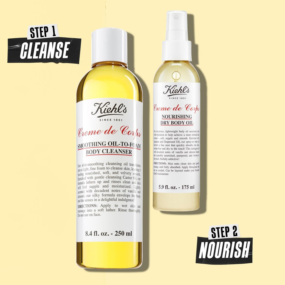 Kiehl's Creme de Corps Smoothing Oil-to-Foam Body Cleanser, Moisturising Body Wash, Vanilla & Almond Scent, 250Ml