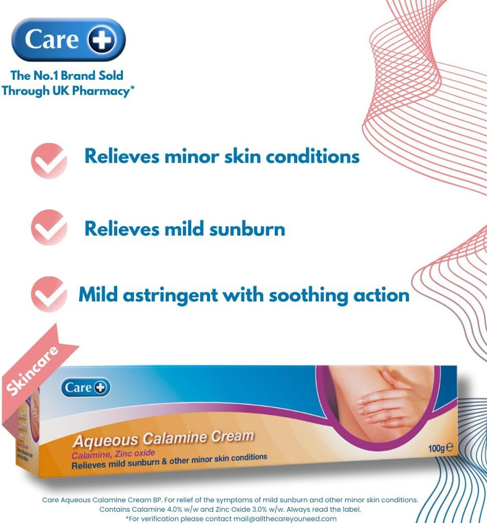 Care Aqueous Calamine Cream Sunburn Relief Soothing Itch Relief Cream Itchy skin relief for adults & Children TLC For Dry Skin And Other Minor Skin Conditions 100g 1 Pack