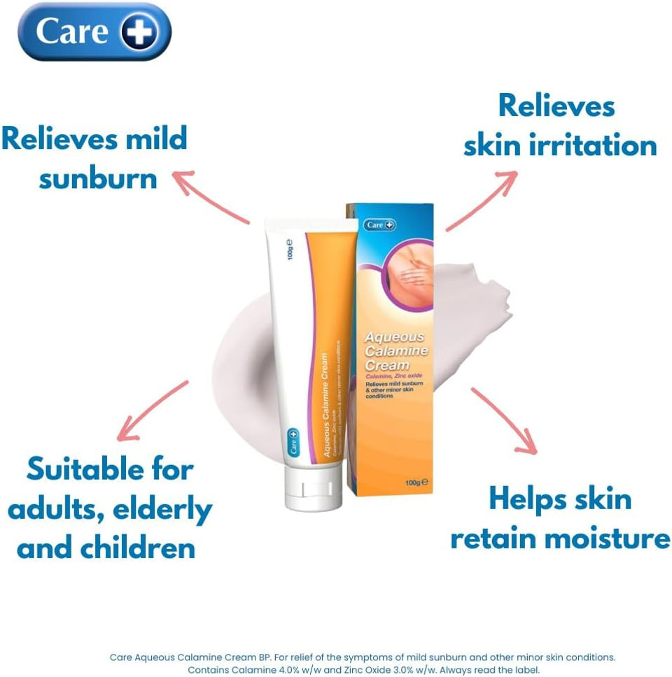 Care Aqueous Calamine Cream Sunburn Relief Soothing Itch Relief Cream Itchy skin relief for adults & Children TLC For Dry Skin And Other Minor Skin Conditions 100g 1 Pack