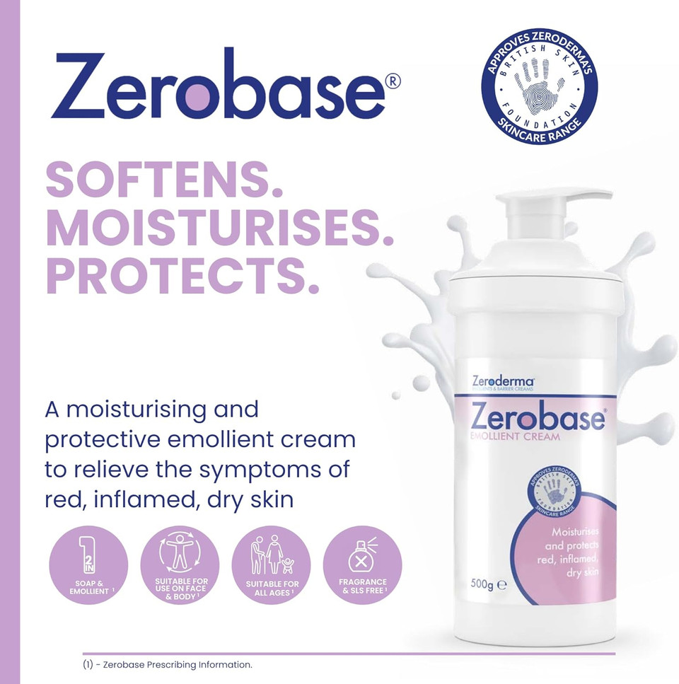Zeroderma Zerobase Emollient Cream 2-in-1 Moisturiser & Soap Substitute, for Dry & Eczema-Prone Skin, Restores Skin Barrier, 21 percent w/w Paraffins, 50g