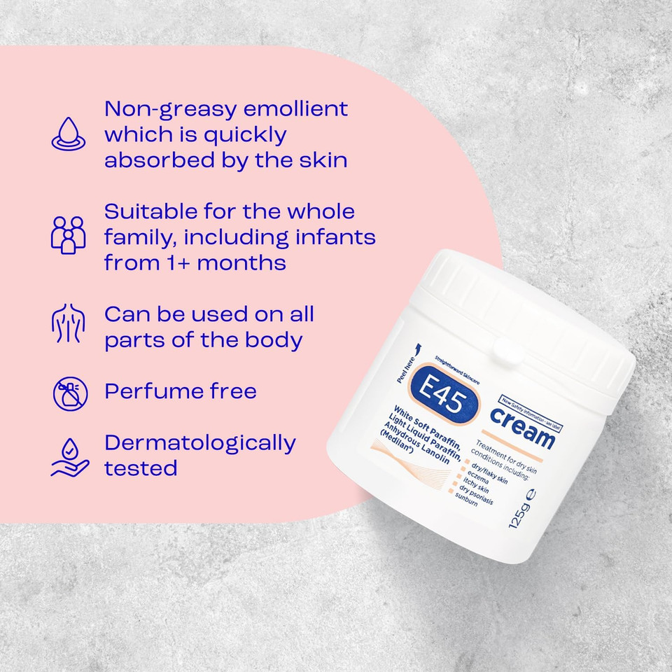 E45 Cream 125 g  Moisturiser for Dry Skin and Sensitive Skin - Emollient Body Cream to Soothe Dry and Irritated Skin - Itchy Skin, Eczema Cream - Perfume-Free Face Cream and Non-Greasy Hand Cream