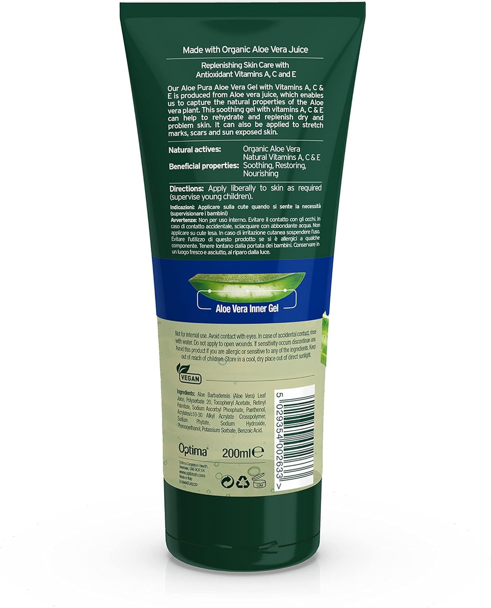 Aloe Pura, Organic Aloe Vera Gel with Vitamin's A, C and E, Natural, Vegan, Cruelty Free, Paraben and SLS Free, Soothing, Restoring, 200 ml