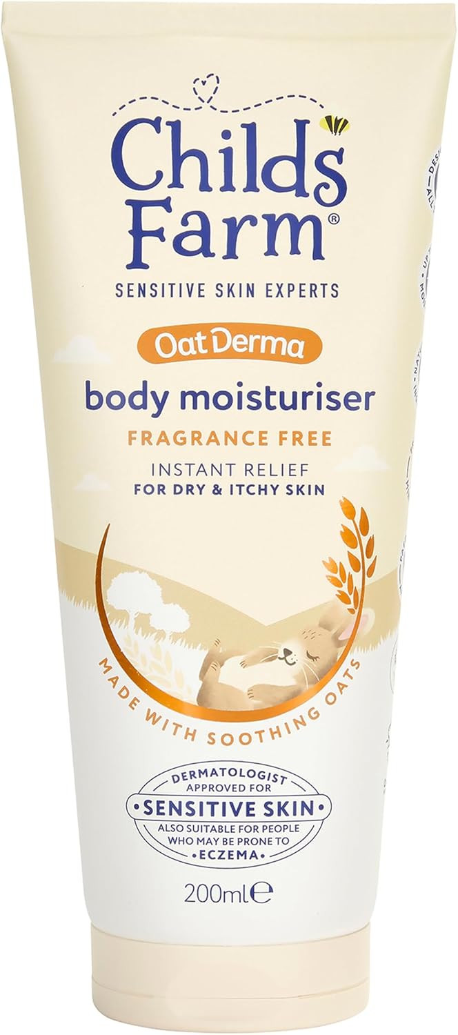 Childs Farm OatDerma Body Moisturiser, Fragrance Free, Soothing Hydration, Sensitive Skin, Emollient, Baby, Kids, 200ml