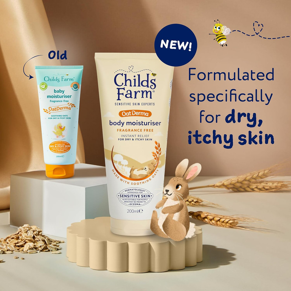 Childs Farm OatDerma Body Moisturiser, Fragrance Free, Soothing Hydration, Sensitive Skin, Emollient, Baby, Kids, 200ml