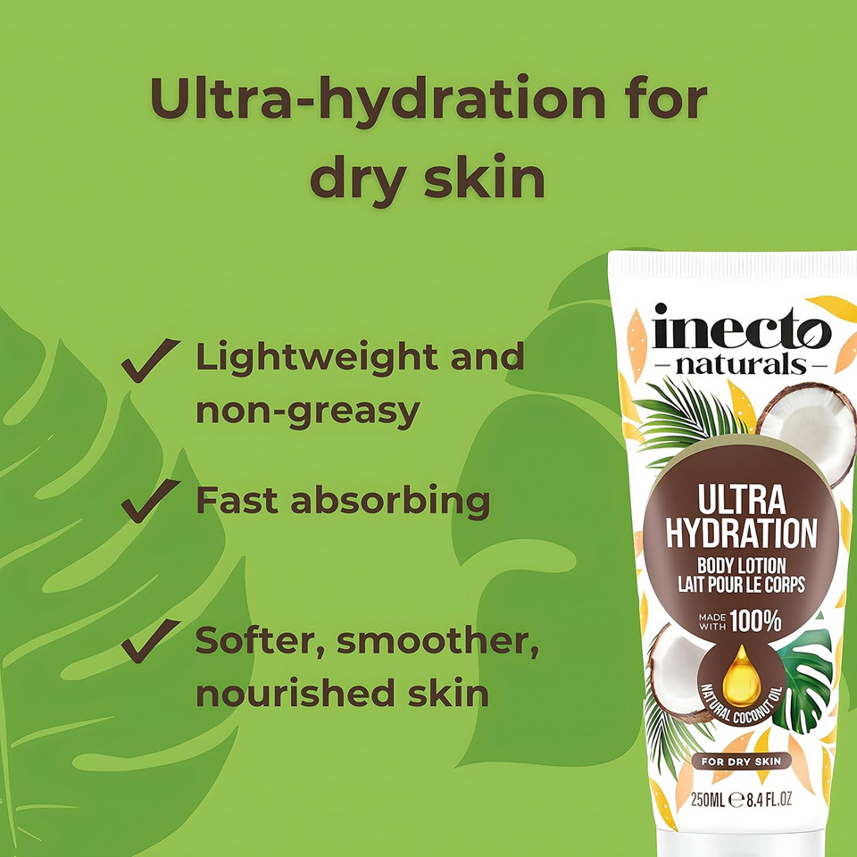 INECTO Natural Ultra Hydration Body Lotion 250ml, 100% Natural Coconut Oil, Made in UK, Vegan Formula, Ultra Hydration for Dry Skin