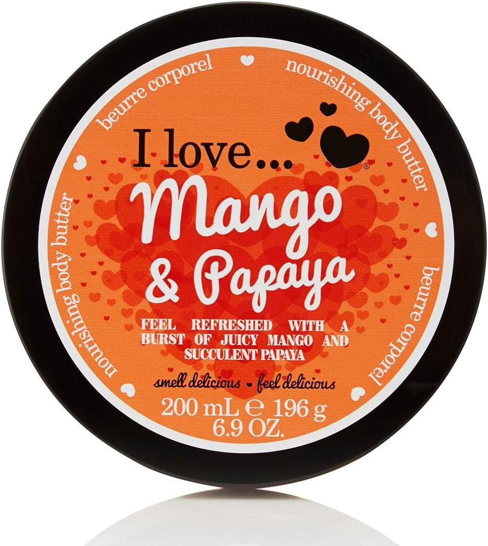 I Love Mango & Papaya Body Butter, 87% Naturally Derived Ingredients, Shea Butter & Coconut Oil for Soft, Hydrated Skin, Moisturizing & Lightly Scented, Natural Fruit Extracts, Vegan-Friendly - 200ml