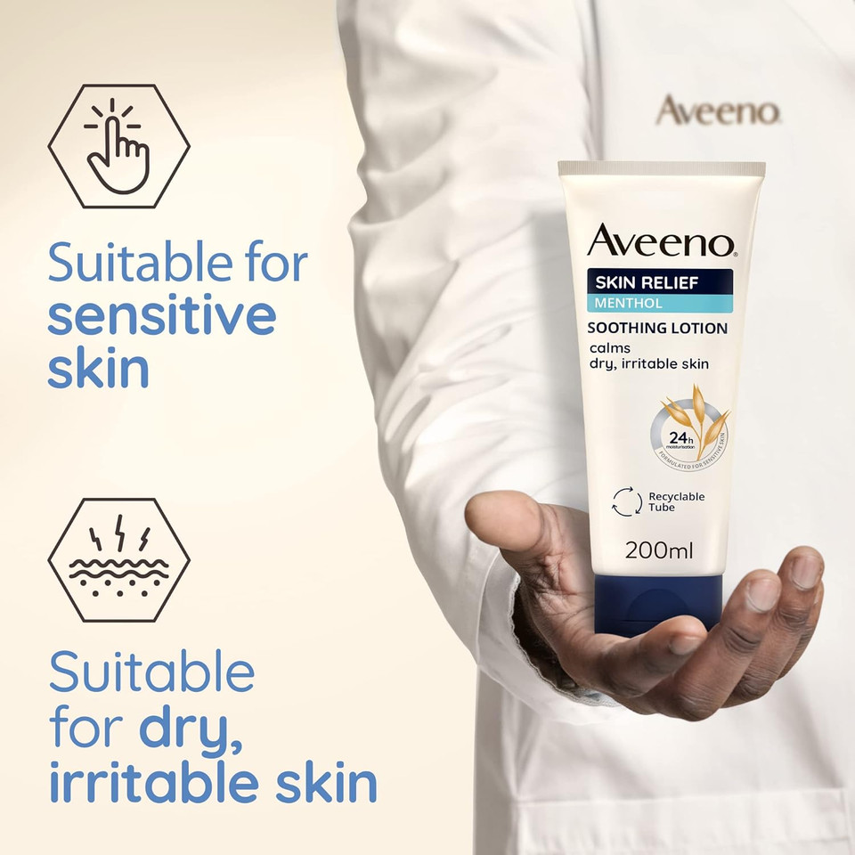 Aveeno Skin Relief Soothing Lotion (1x 200ml) with Nourishing Oat and Menthol Extract, Suitable For Sensitive Skin, 24-Hour Hydration, Clinically Proven to Moisturise and Protect Dry, Irritable Skin