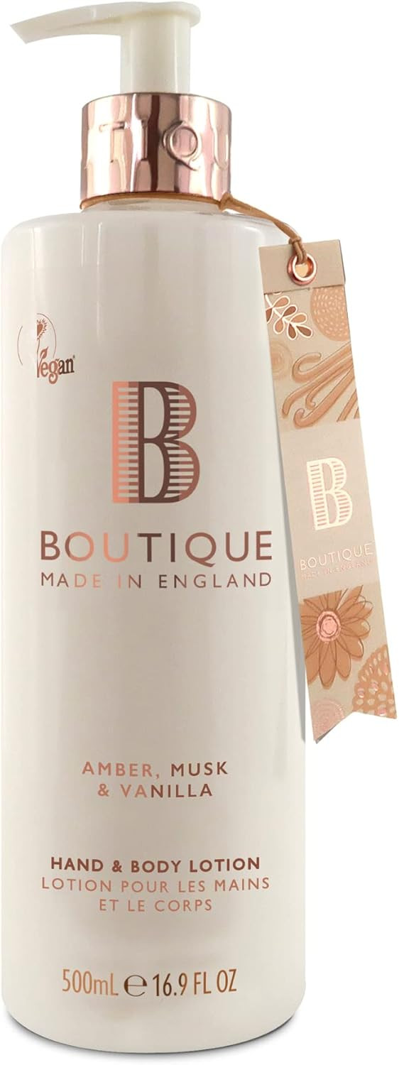 Boutique Amber, Musk & Vanilla Fragrance Hand & Body Lotion 500ml  Vegan Body Moisturiser with Essential Oils, Made in England  Lightly Scented Refreshing Hand & Body Care