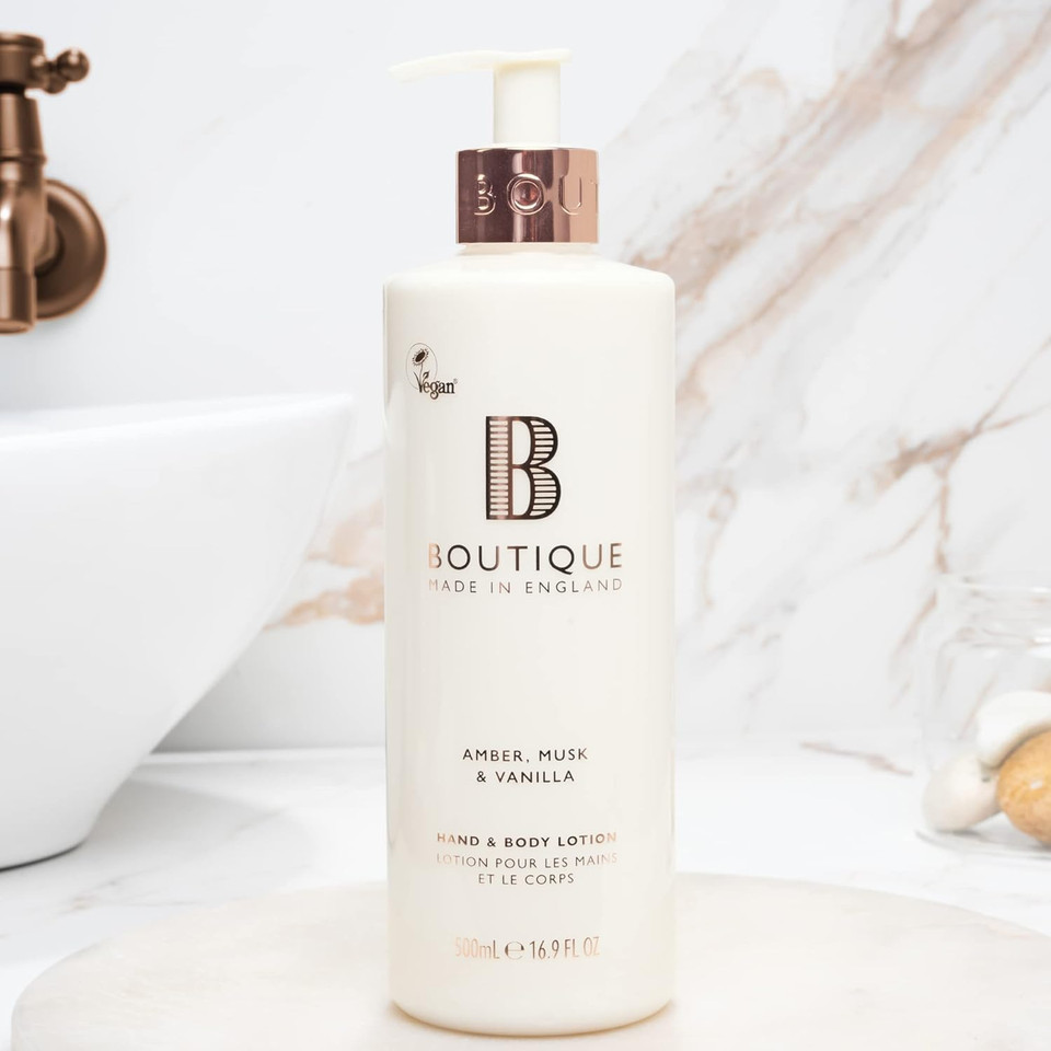 Boutique Amber, Musk & Vanilla Fragrance Hand & Body Lotion 500ml  Vegan Body Moisturiser with Essential Oils, Made in England  Lightly Scented Refreshing Hand & Body Care