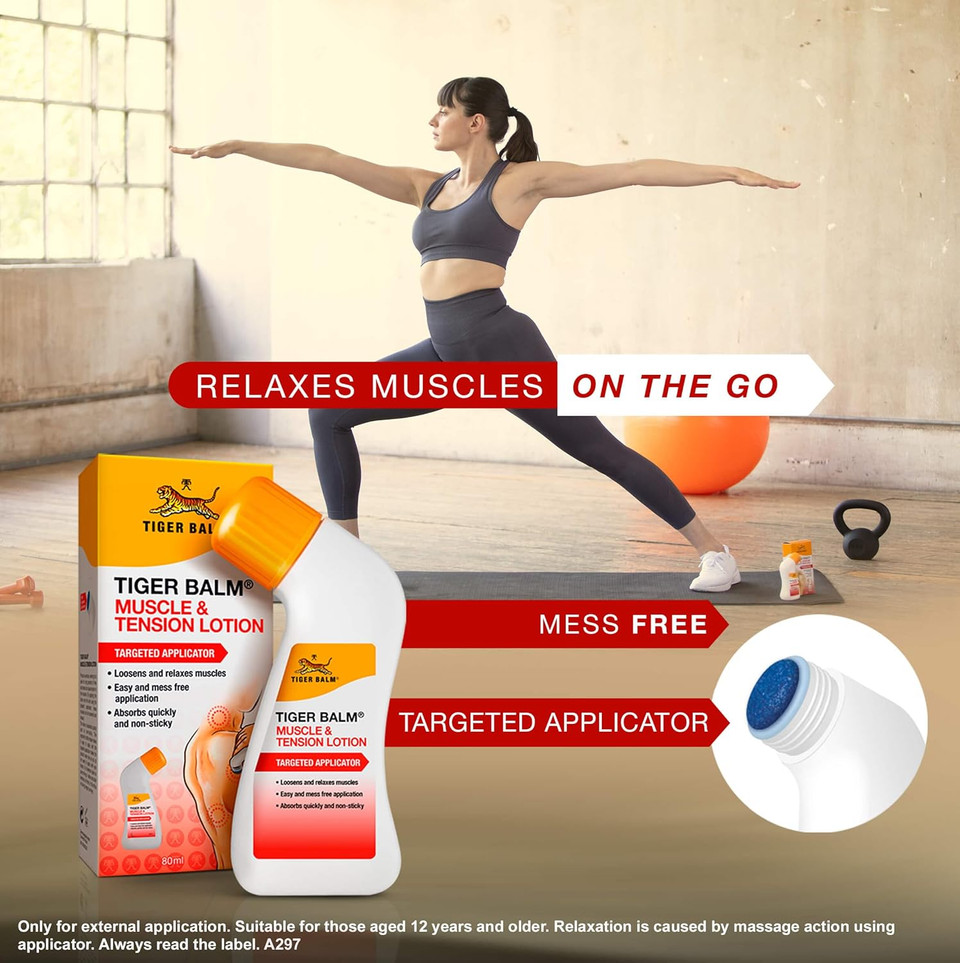 Tiger Balm Muscle and Tension Lotion with Targeted Applicator, 80 ml
