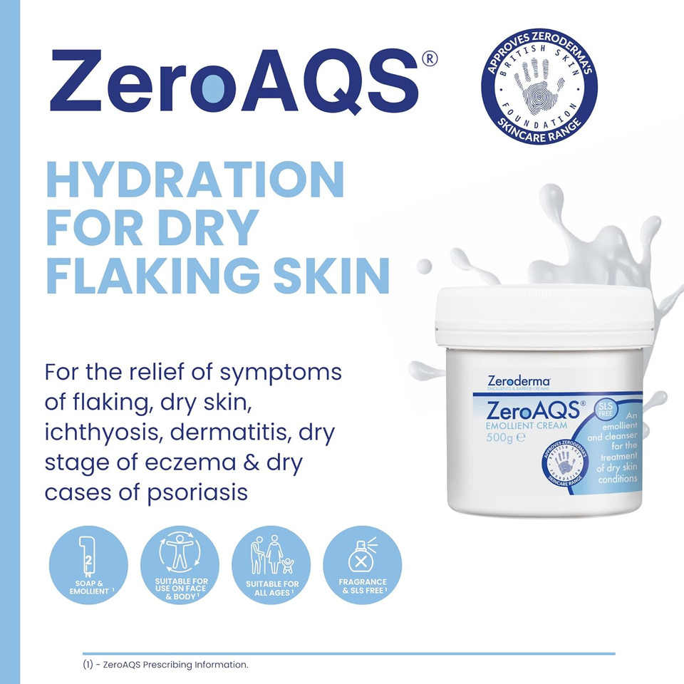 Zeroderma ZeroAQS Emollient Cream, 2-in-1 Emollient & Soap Substitute, adds moisture for the relief of flaking dry skin conditions. 500g